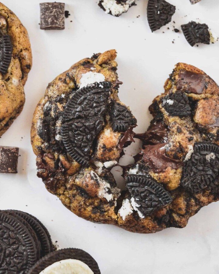Oreo chocolate chip cookie split in half