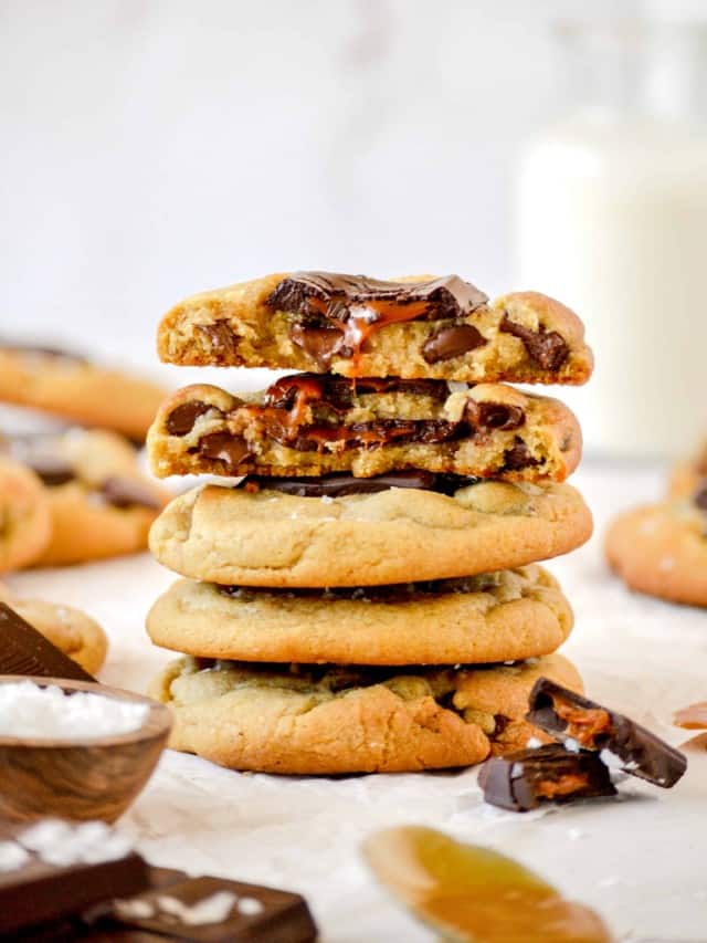 Stack of Salted Caramel Stuffed Chocolate Chip Cookies