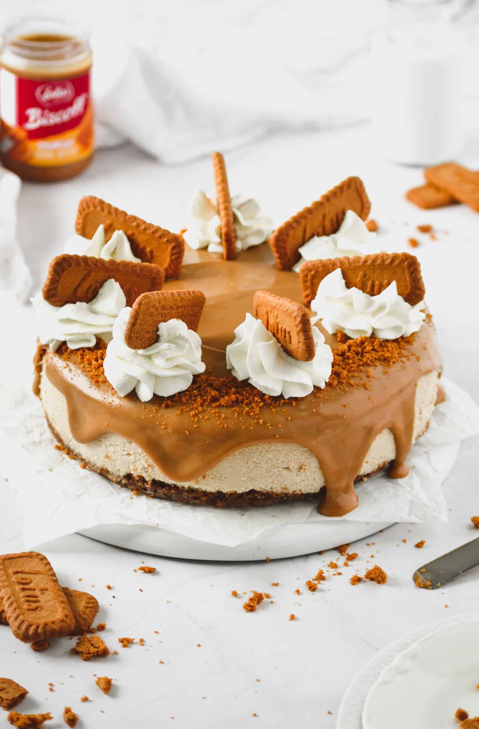Biscoff cheesecake with cookie crust.
